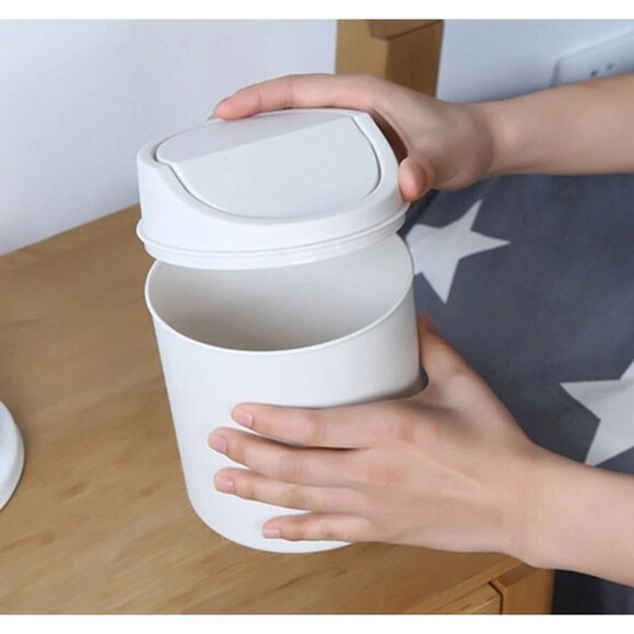 Mini Desktop Trash Can with Lid – Off White Plastic Bin for Office, Vanity, Car - Picture 3 of 4